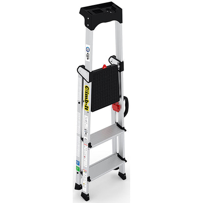 Climb-It Professional Aluminium Step Ladder with Carry Handle, 3 Tread, Silver