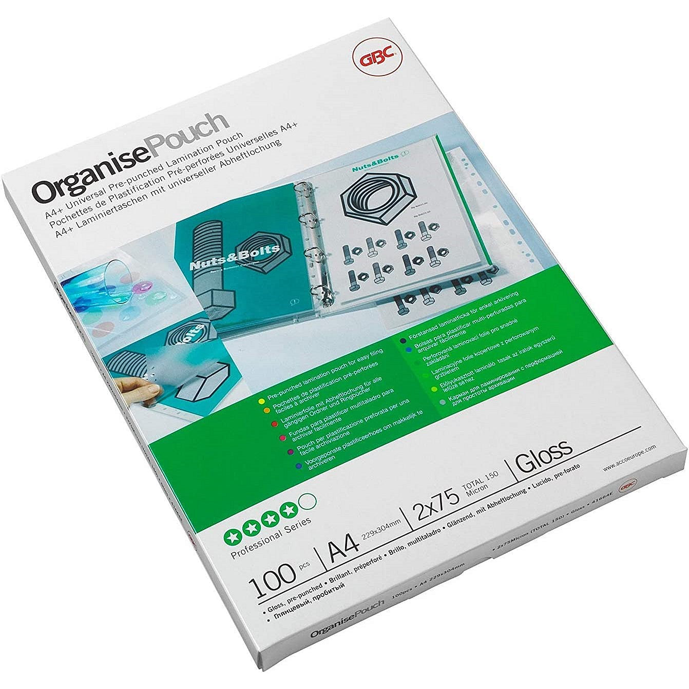 GBC A4 Punched Laminating Pouches, 150 Microns, Glossy, Pack of 100