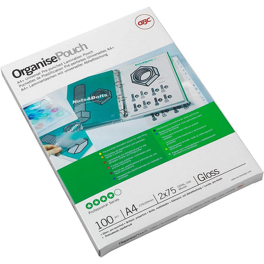 GBC A4 Punched Laminating Pouches, 150 Microns, Glossy, Pack of 100