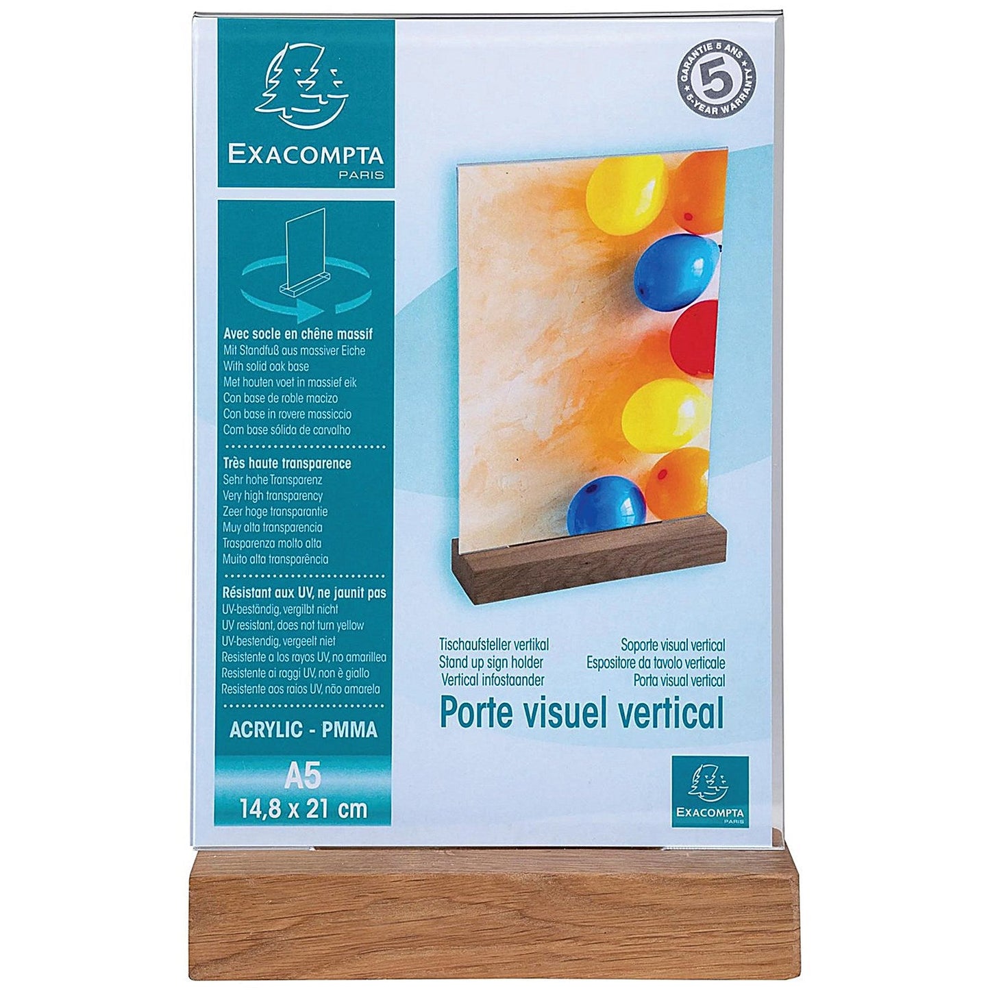 Exacompta Portrait Stand Up Sign Holder A5 with Wood Base Easy2Order : GH10939