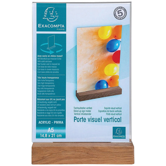 Exacompta Portrait Stand Up Sign Holder A5 with Wood Base Easy2Order : GH10939