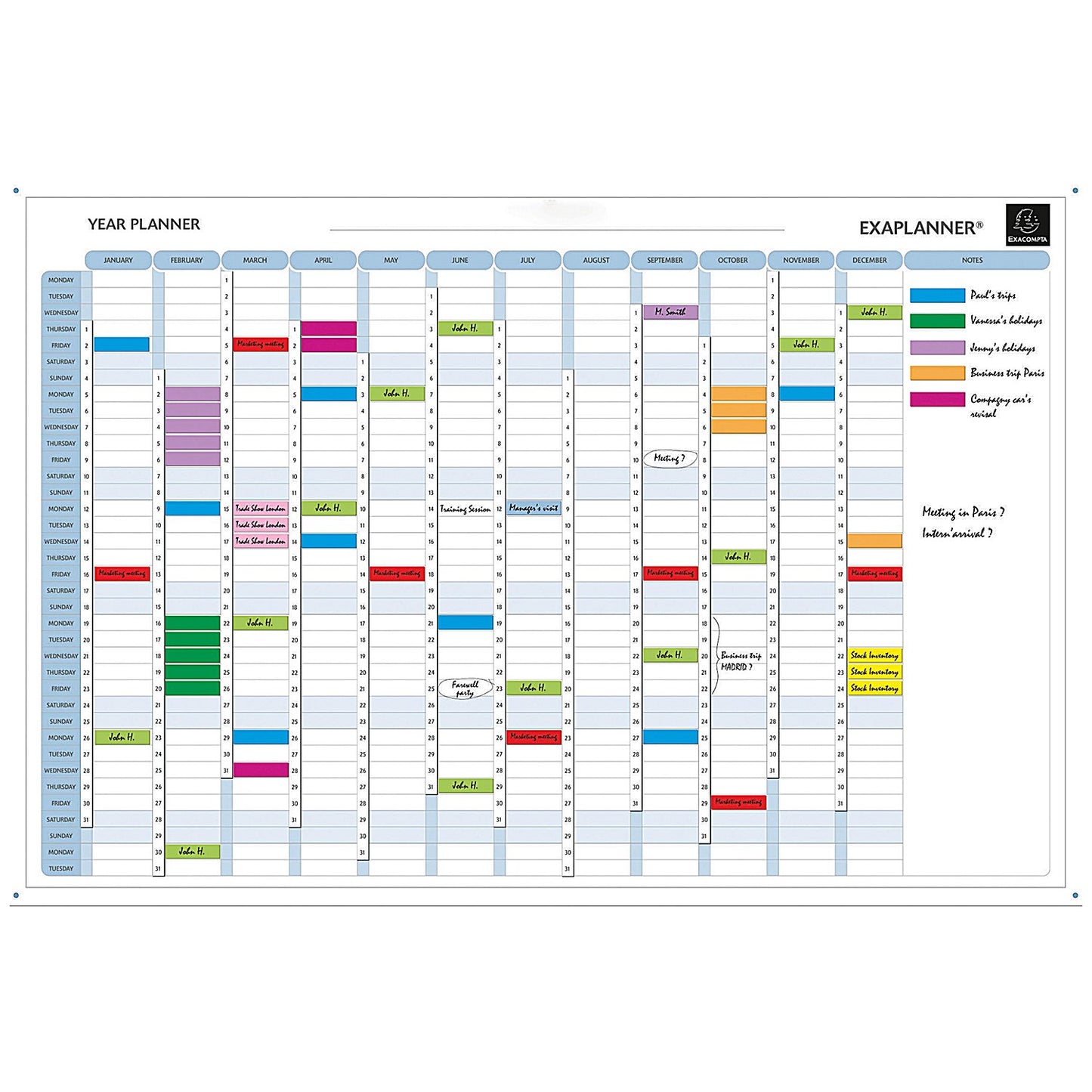 Exacompta Magnetic Drywipe Perpetual Year Planner, Mounted, 900x590mm