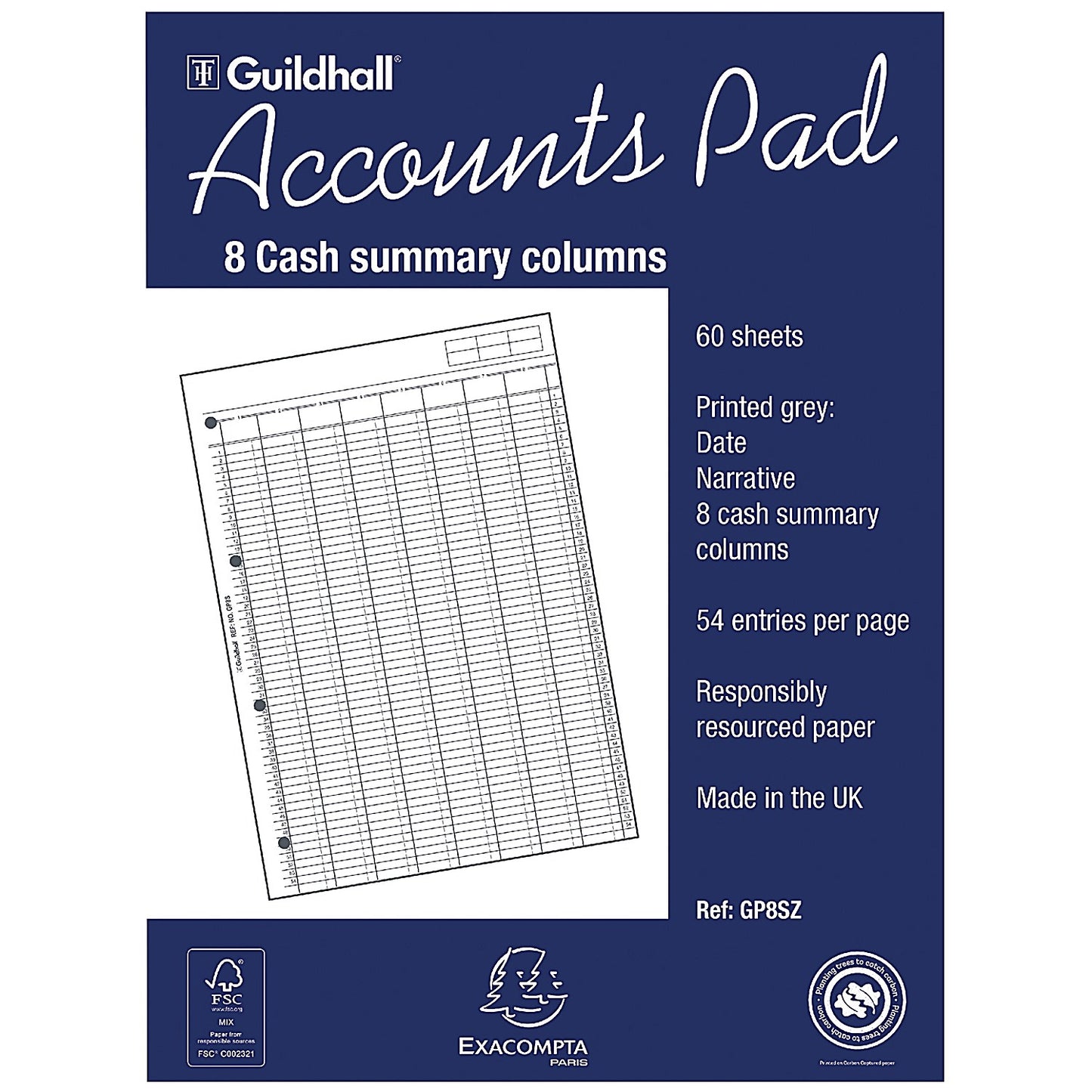 Guildhall Account Pad GP8SZ, A4, 8 Cash Columns, Ruled 54 Feint, 60 Leaf