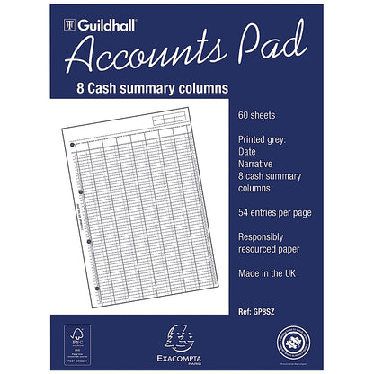 Guildhall Account Pad GP8SZ, A4, 8 Cash Columns, Ruled 54 Feint, 60 Leaf