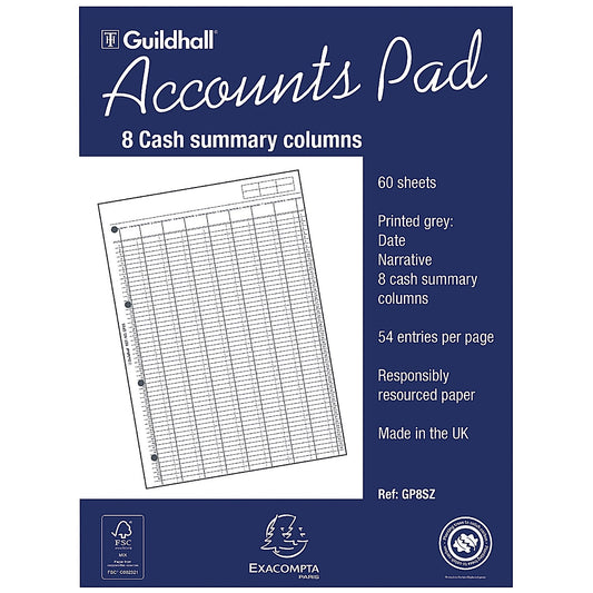 Guildhall Account Pad GP8SZ, A4, 8 Cash Columns, Ruled 54 Feint, 60 Leaf