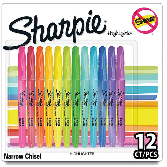 Sharpie Pocket Highlighters, Chisel Tip, Assorted, Pack of 12