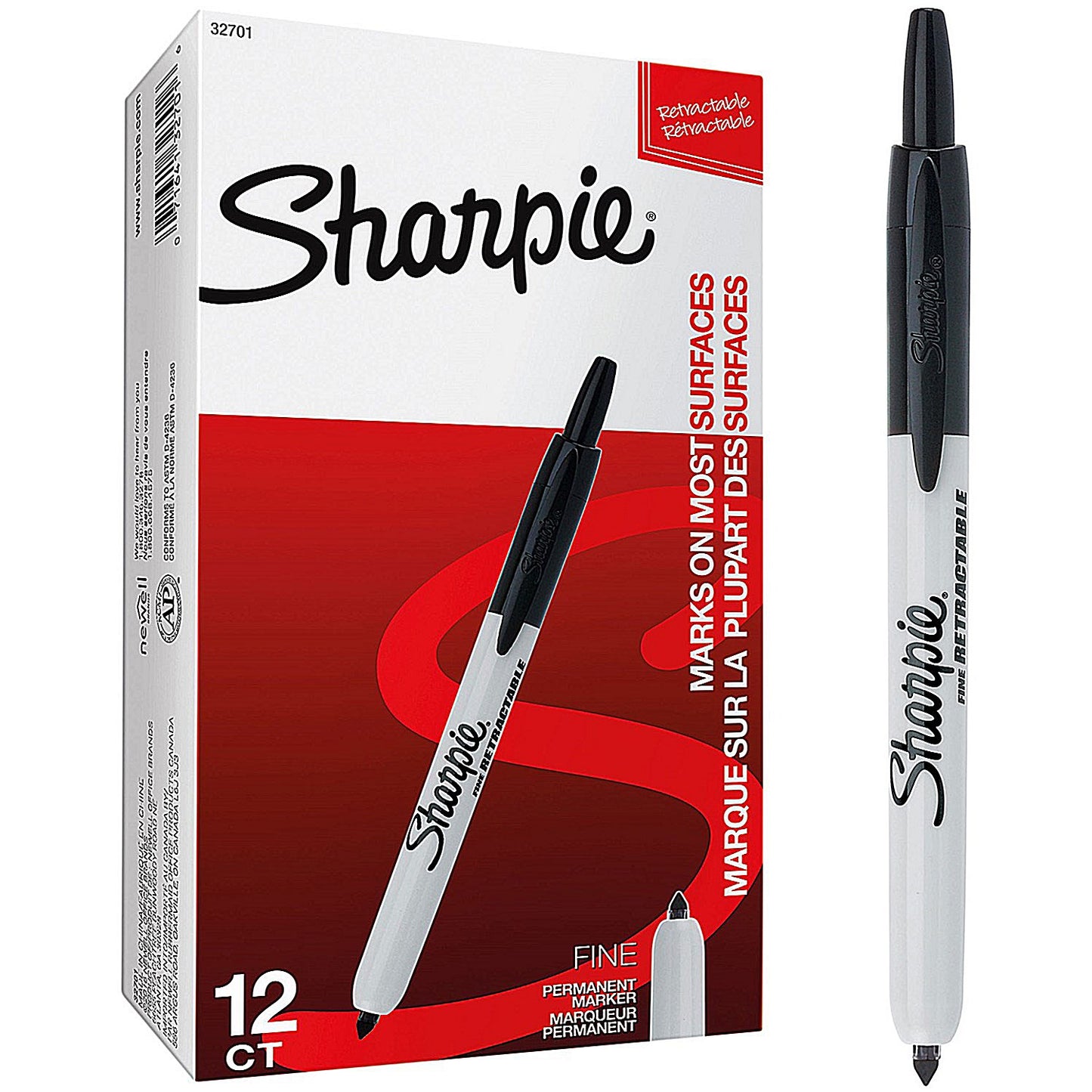 Sharpie Permanent Marker Pen, Retractable, Bullet Tip, Black, Pack of 12