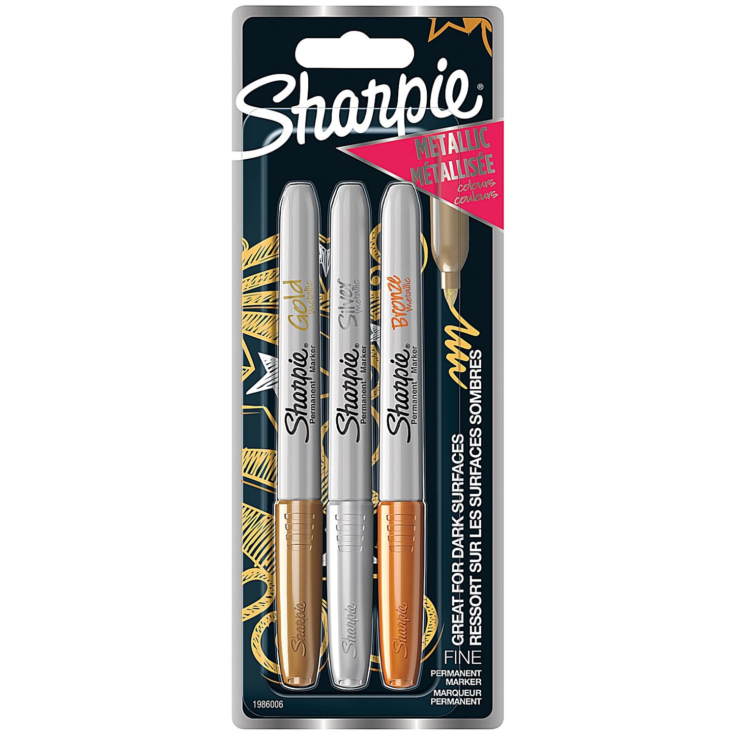 Sharpie Metallic Permanent Marker Pen, Fine, Gold, Silver and Bronze, Pack of 3