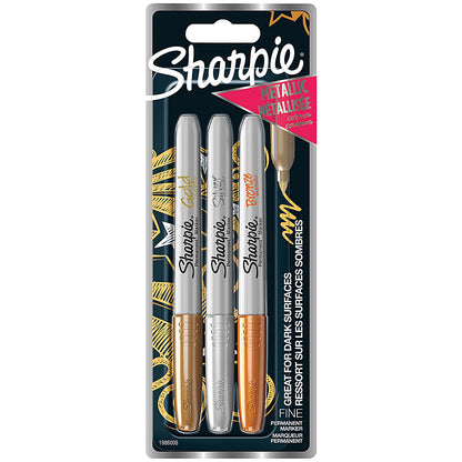 Sharpie Metallic Permanent Marker Pen, Fine, Gold, Silver and Bronze, Pack of 3
