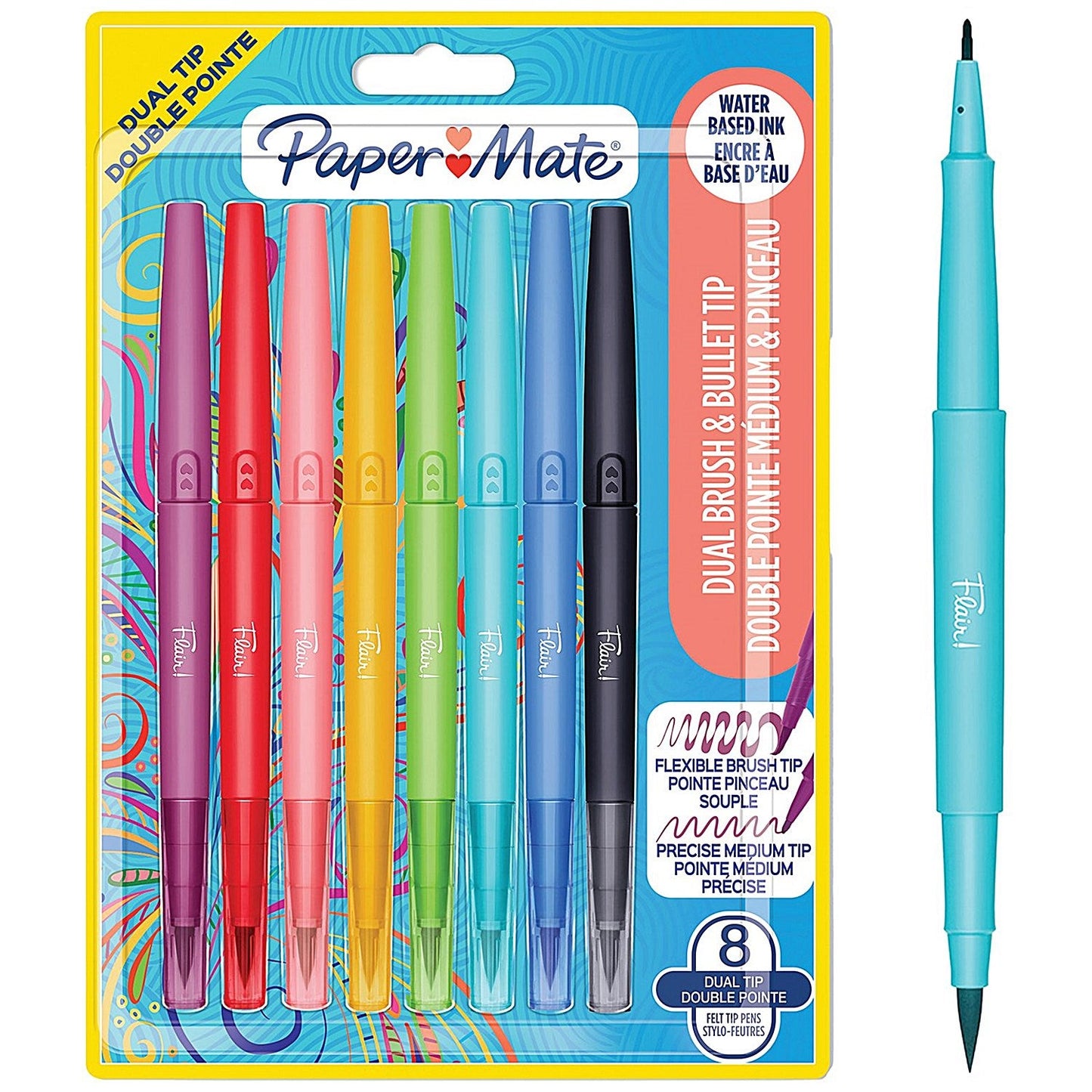 Paper Mate Flair Dual Felt Tip Brush + Medium Tip Assorted (Pack of 8)