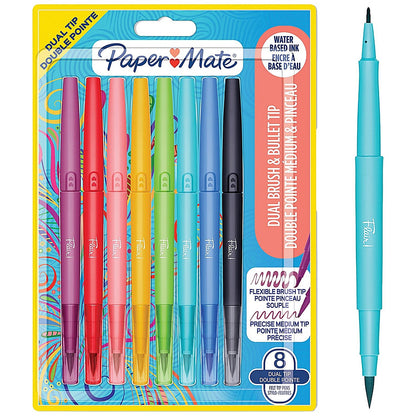 Paper Mate Flair Dual Felt Tip Brush + Medium Tip Assorted (Pack of 8)