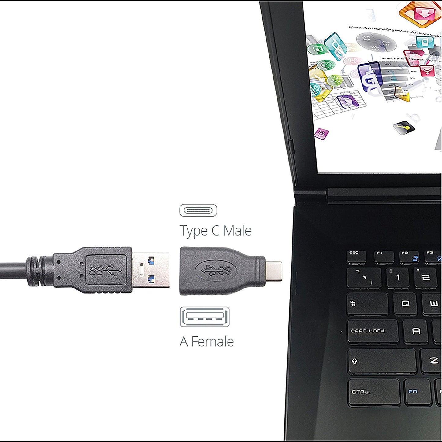 Connekt Gear USB A to USB C Adaptor, Black