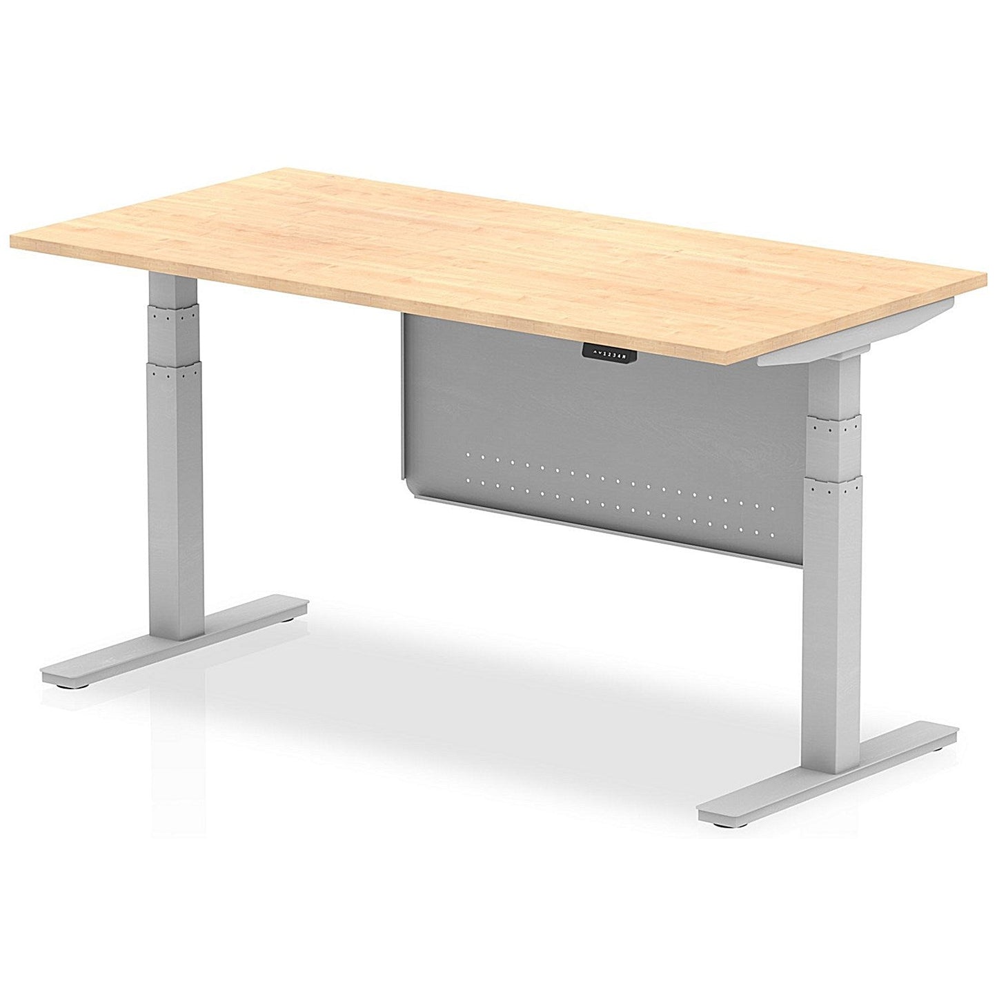 Air Modesty 1600mm Rectangular Height Adjustable Desk, Silver Leg & Modesty Panel, Maple Easy2Order : HA01295