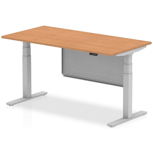 Air Modesty 1600mm Rectangular Height Adjustable Desk, Silver Leg & Modesty Panel, Oak Easy2Order : HA01299