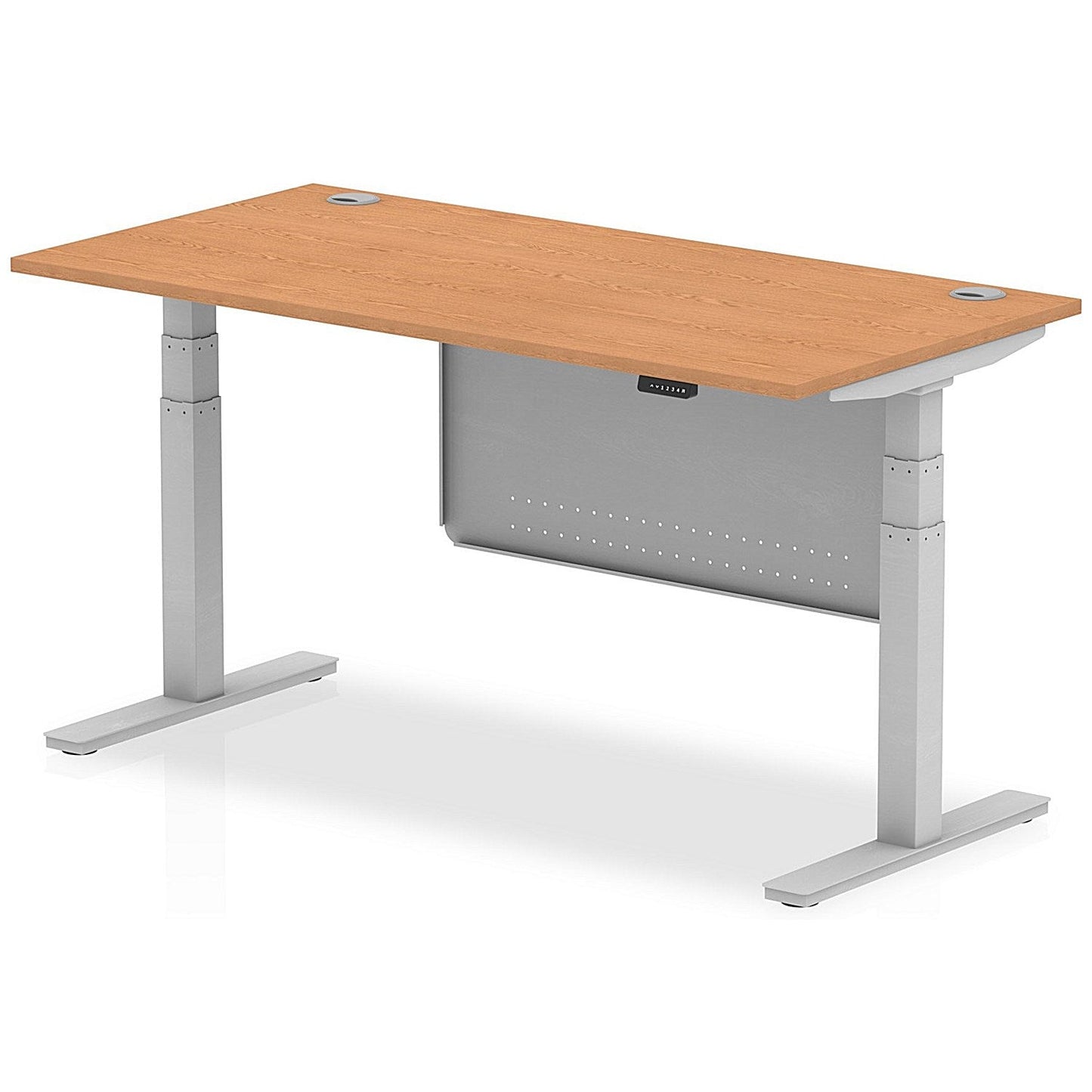 Air Modesty 1600mm Rectangular Cable Port Height Adjustable Desk, Silver Leg & Modesty Panel, Oak Easy2Order : HA01339