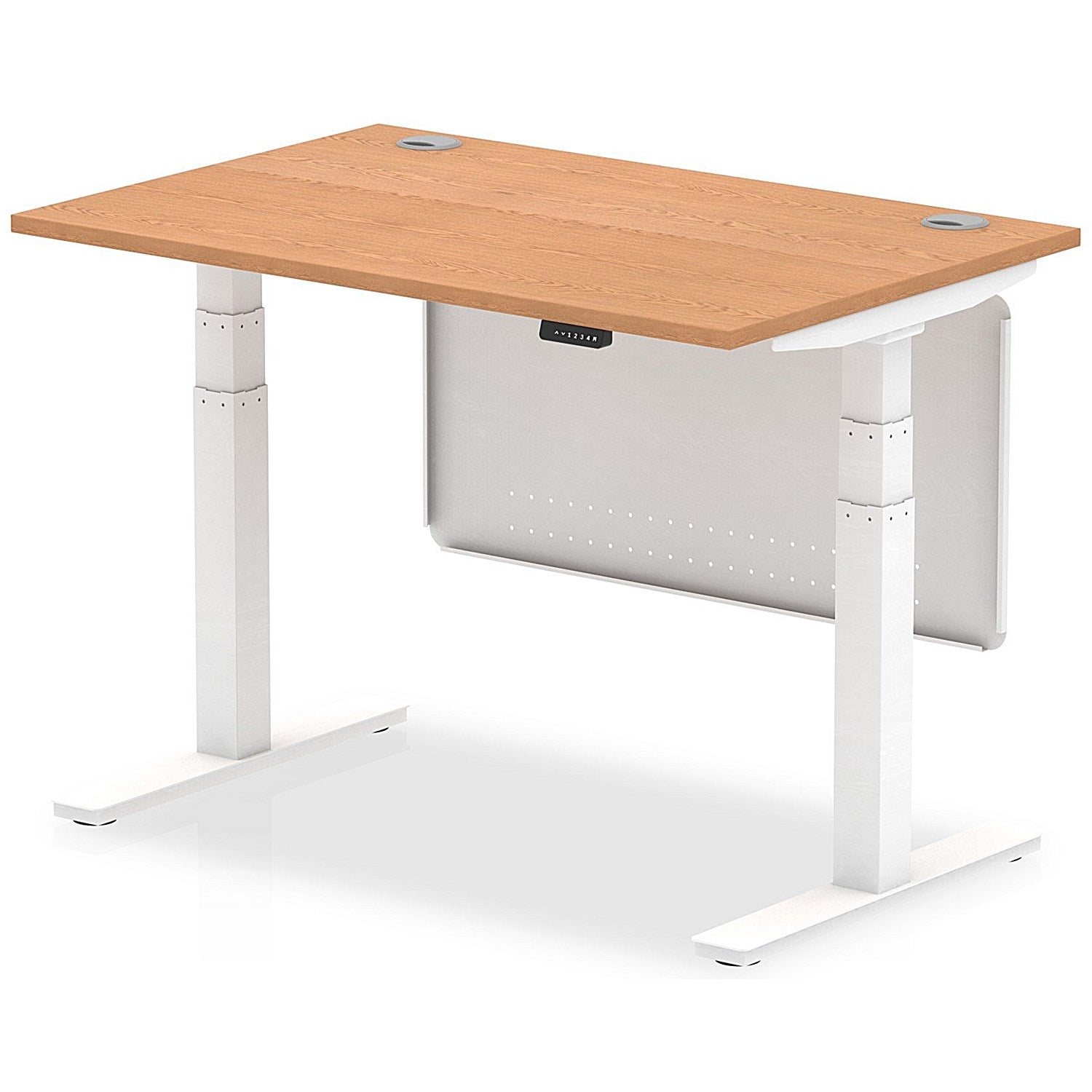 Air Modesty 1200mm Rectangular Cable Port Height Adjustable Desk, White Leg & Modesty Panel, Oak Easy2Order : HA01357