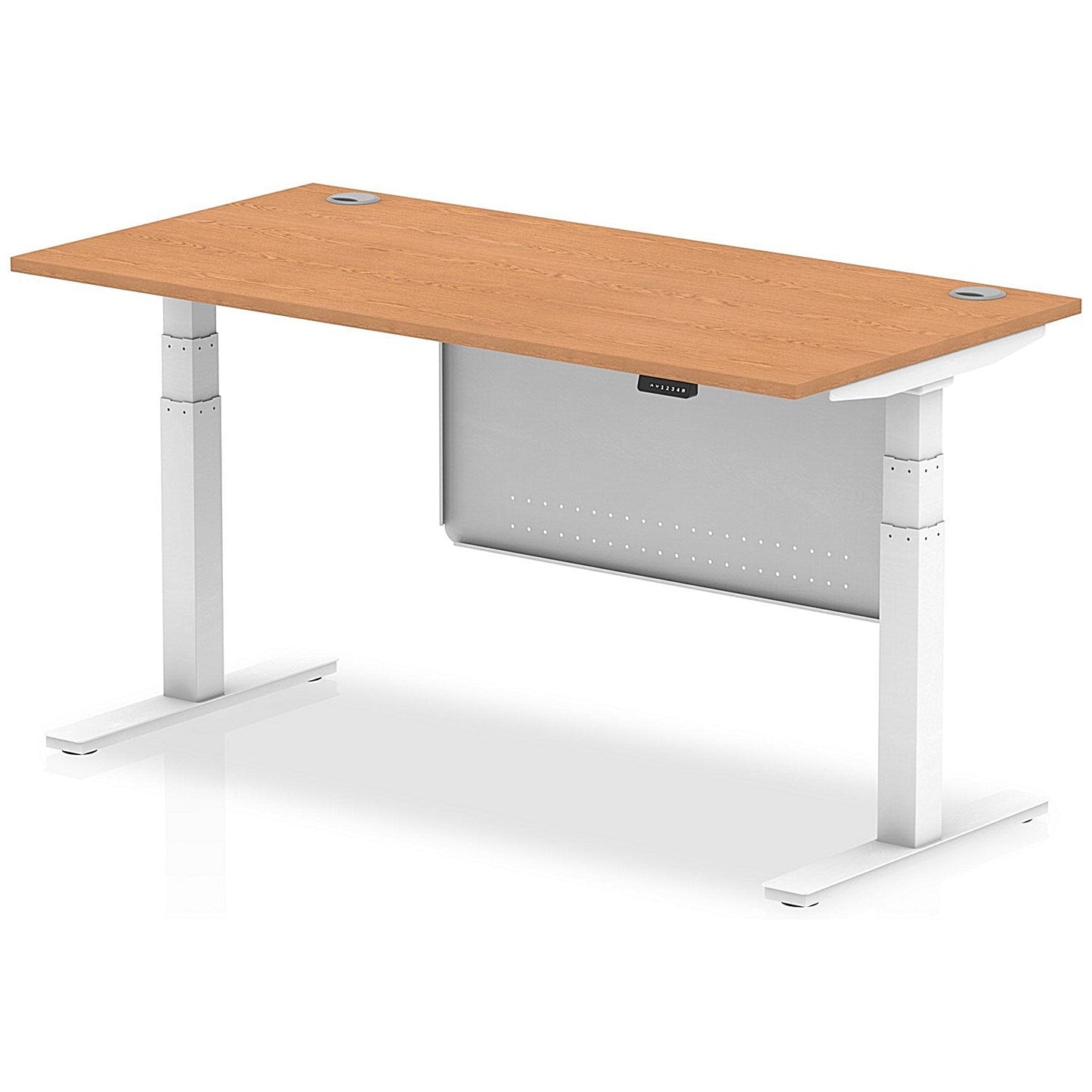 Air Modesty 1600mm Rectangular Cable Port Height Adjustable Desk, White Leg & Modesty Panel, Oak Easy2Order : HA01359