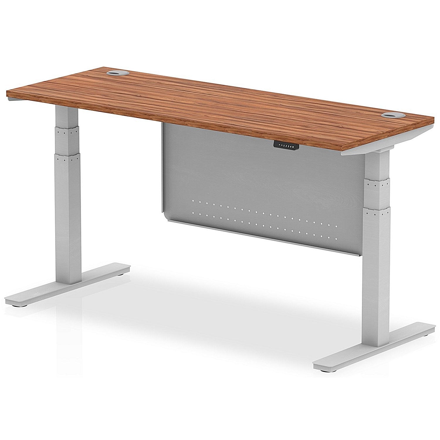 Air Modesty 1600mm Slim Rectangular Height Adjustable Desk, Silver Leg & Modesty Panel, Walnut Easy2Order : HA01367