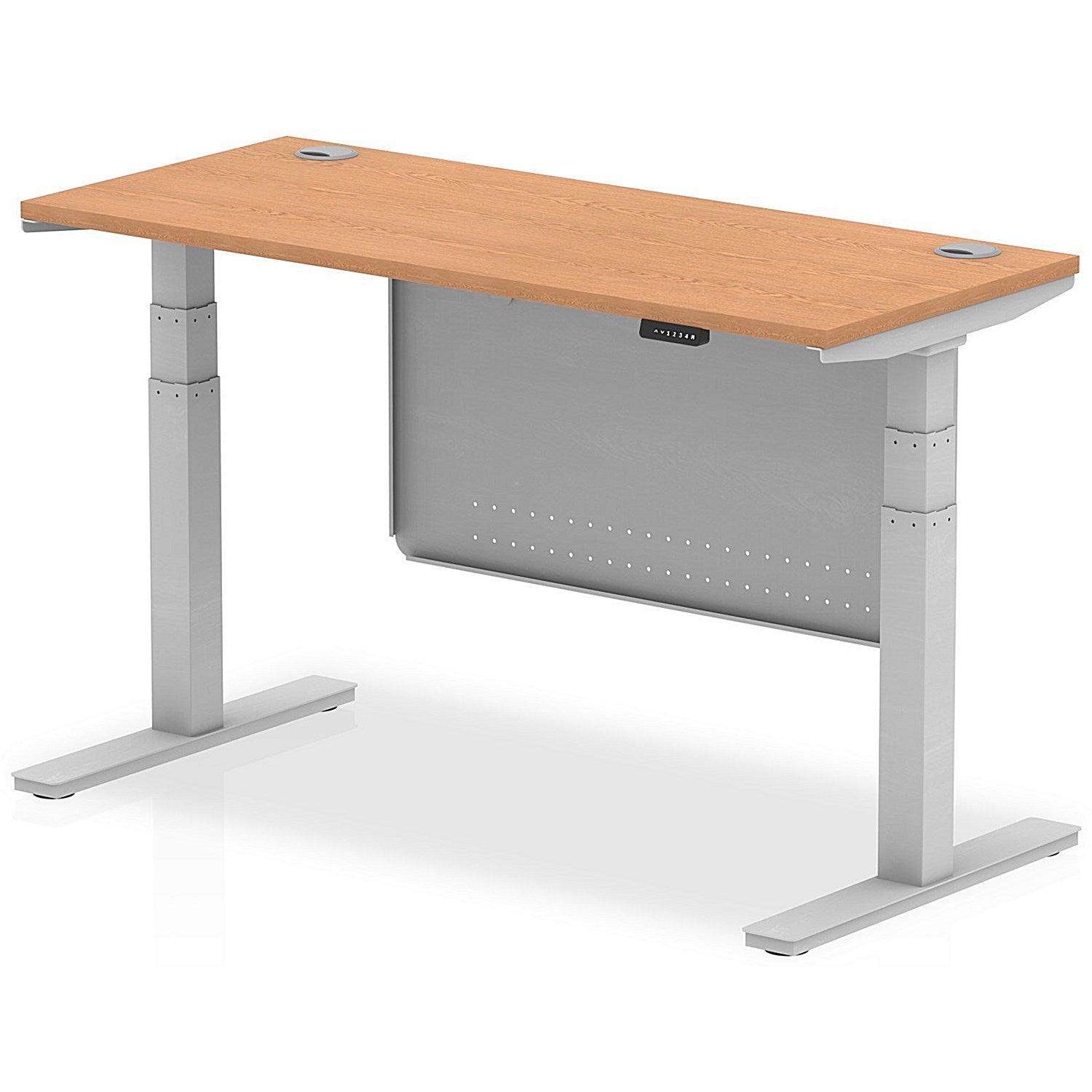 Air Modesty 1400mm Slim Rectangular Height Adjustable Desk, Silver Leg & Modesty Panel, Oak Easy2Order : HA01378