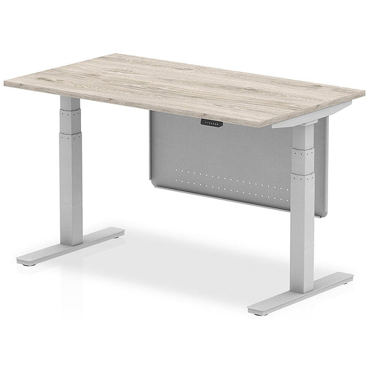 Air Modesty 1400mm Rectangular Height Adjustable Desk, Silver Leg & Modesty Panel, Grey Oak Easy2Order : HA01403