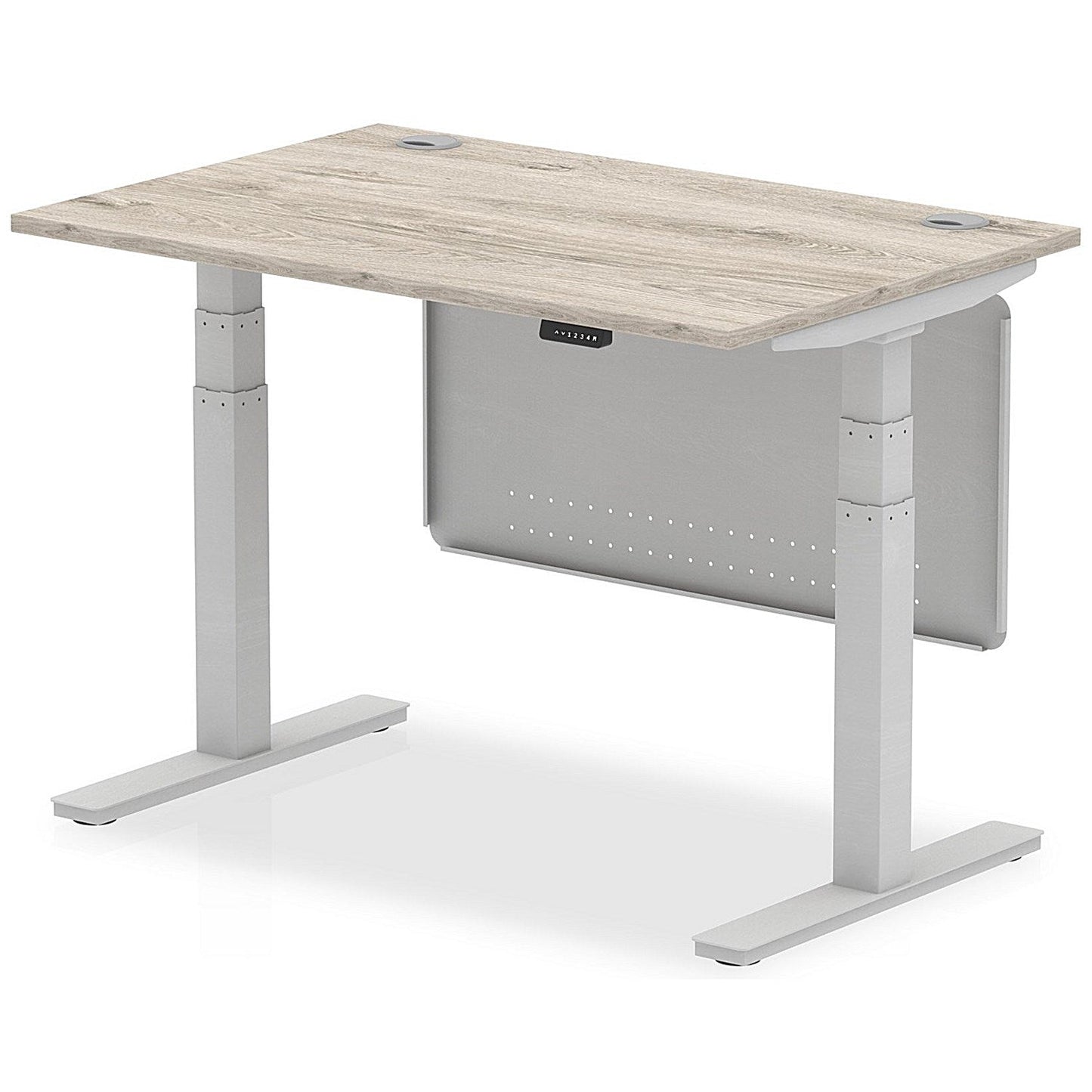 Air Modesty 1200mm Rectangular Cable Port Height Adjustable Desk, Silver Leg & Modesty Panel, Grey Oak Easy2Order : HA01409