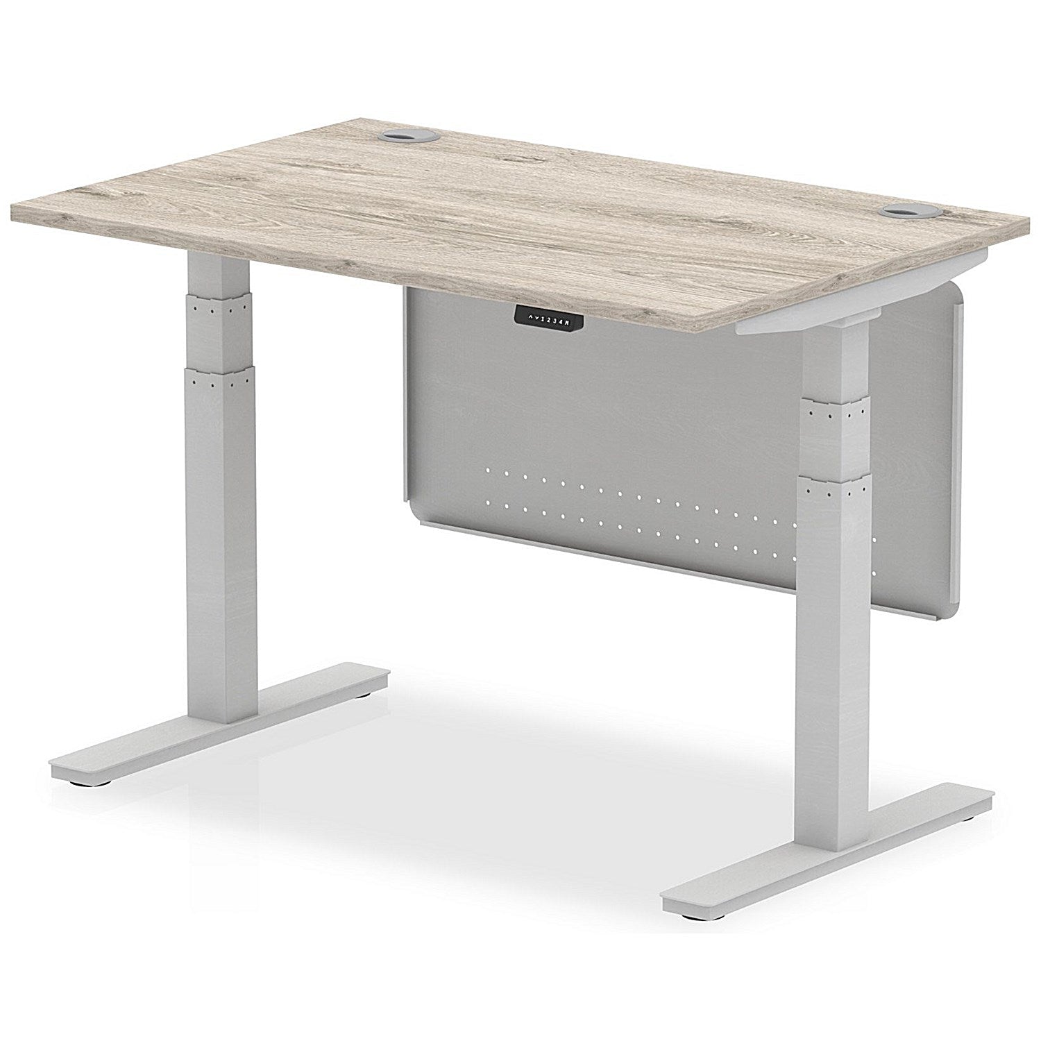 Air Modesty 1200mm Rectangular Cable Port Height Adjustable Desk, Silver Leg & Modesty Panel, Grey Oak Easy2Order : HA01409