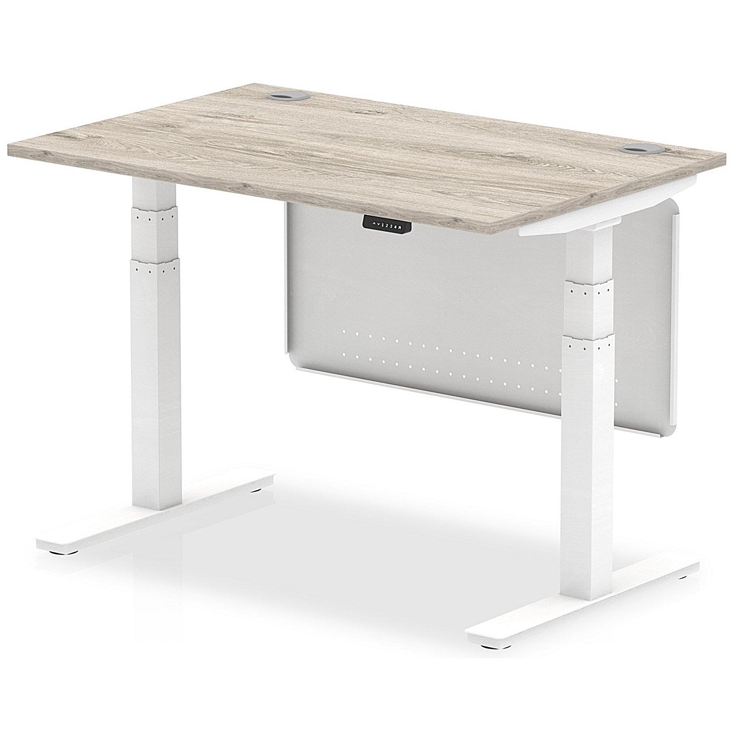 Air Modesty 1200mm Rectangular Cable Port Height Adjustable Desk, White Leg & Modesty Panel, Grey Oak Easy2Order : HA01410