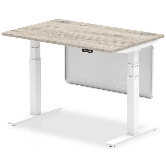 Air Modesty 1200mm Rectangular Cable Port Height Adjustable Desk, White Leg & Modesty Panel, Grey Oak Easy2Order : HA01410