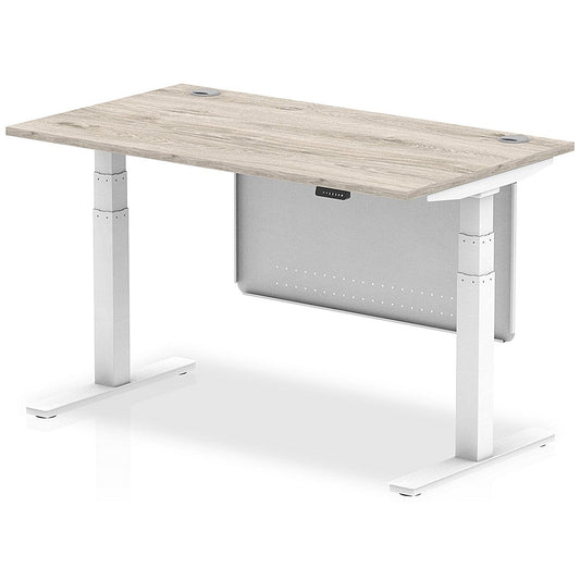 Air Modesty 1400mm Rectangular Cable Port Height Adjustable Desk, White Leg & Modesty Panel, Grey Oak Easy2Order : HA01412