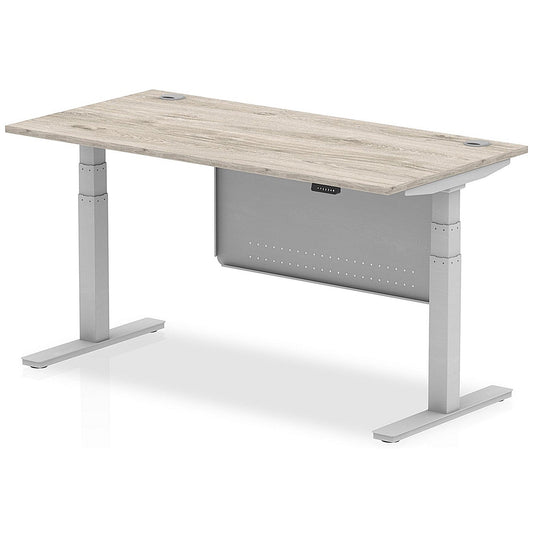 Air Modesty 1600mm Rectangular Cable Port Height Adjustable Desk, Silver Leg & Modesty Panel, Grey Oak Easy2Order : HA01413