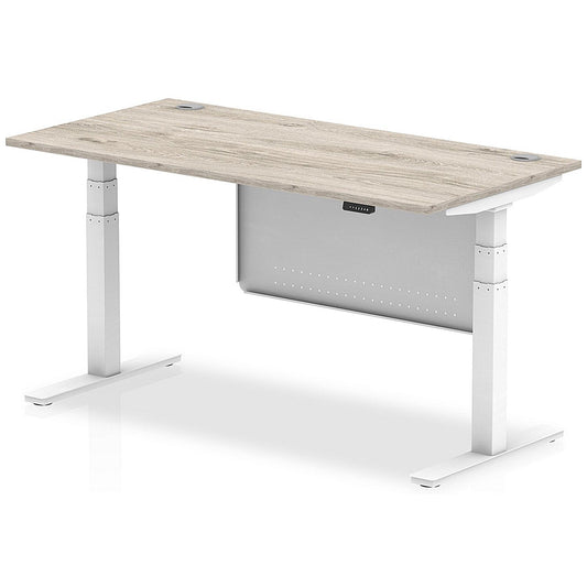 Air Modesty 1600mm Rectangular Cable Port Height Adjustable Desk, White Leg & Modesty Panel, Grey Oak Easy2Order : HA01414
