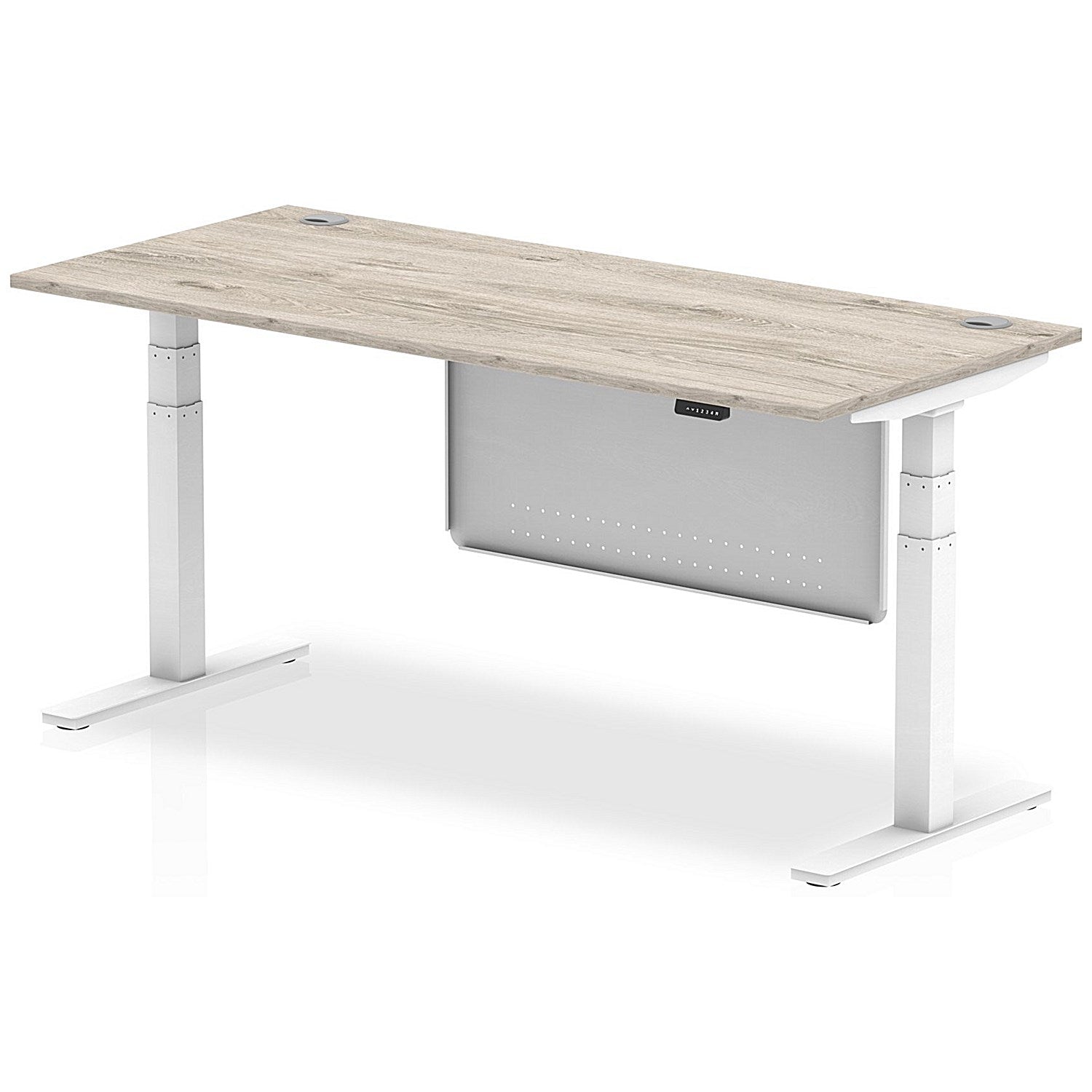 Air Modesty 1800mm Rectangular Cable Port Height Adjustable Desk, White Leg & Modesty Panel, Grey Oak Easy2Order : HA01416
