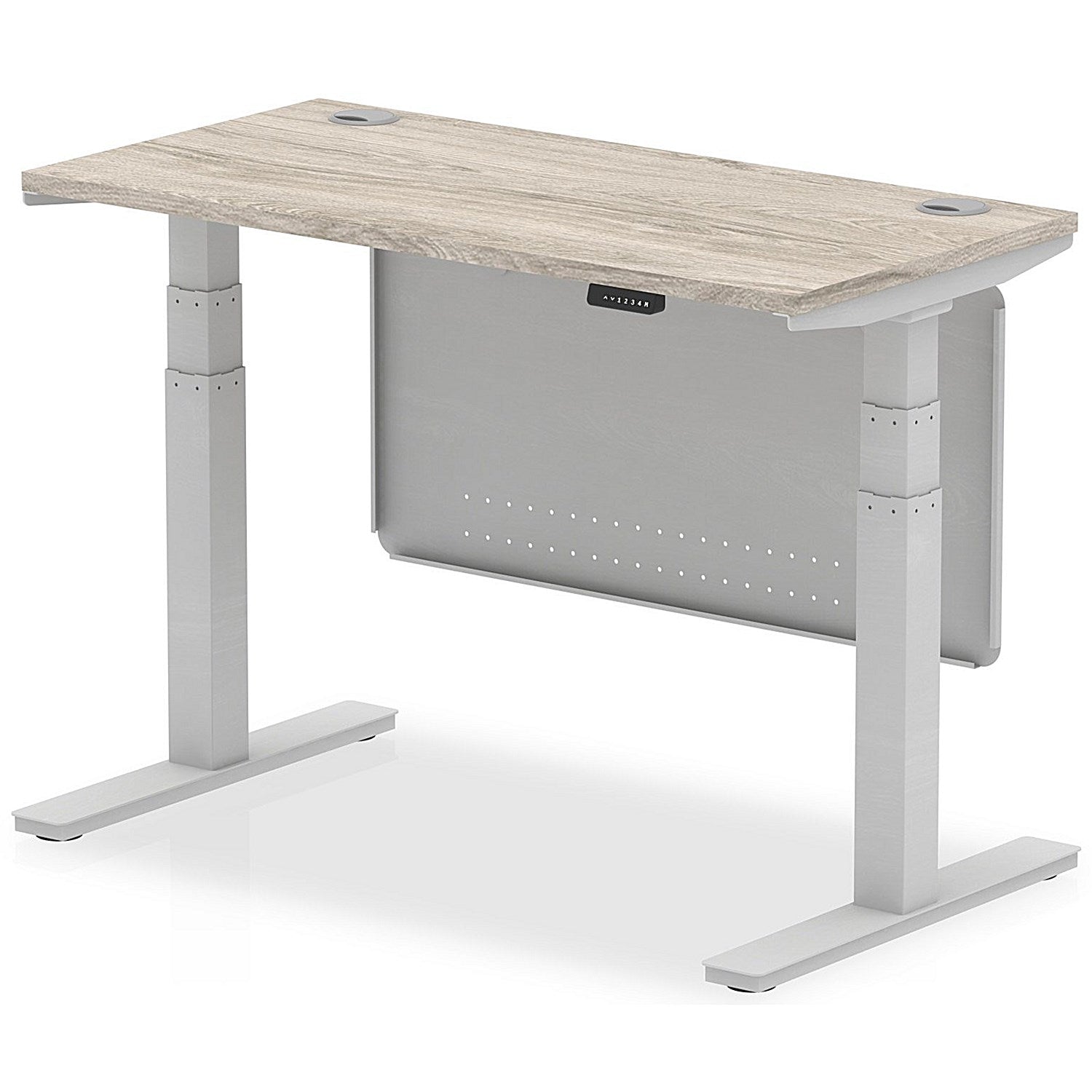 Air Modesty 1200mm Slim Rectangular Height Adjustable Desk, Silver Leg & Modesty Panel, Grey Oak Easy2Order : HA01417