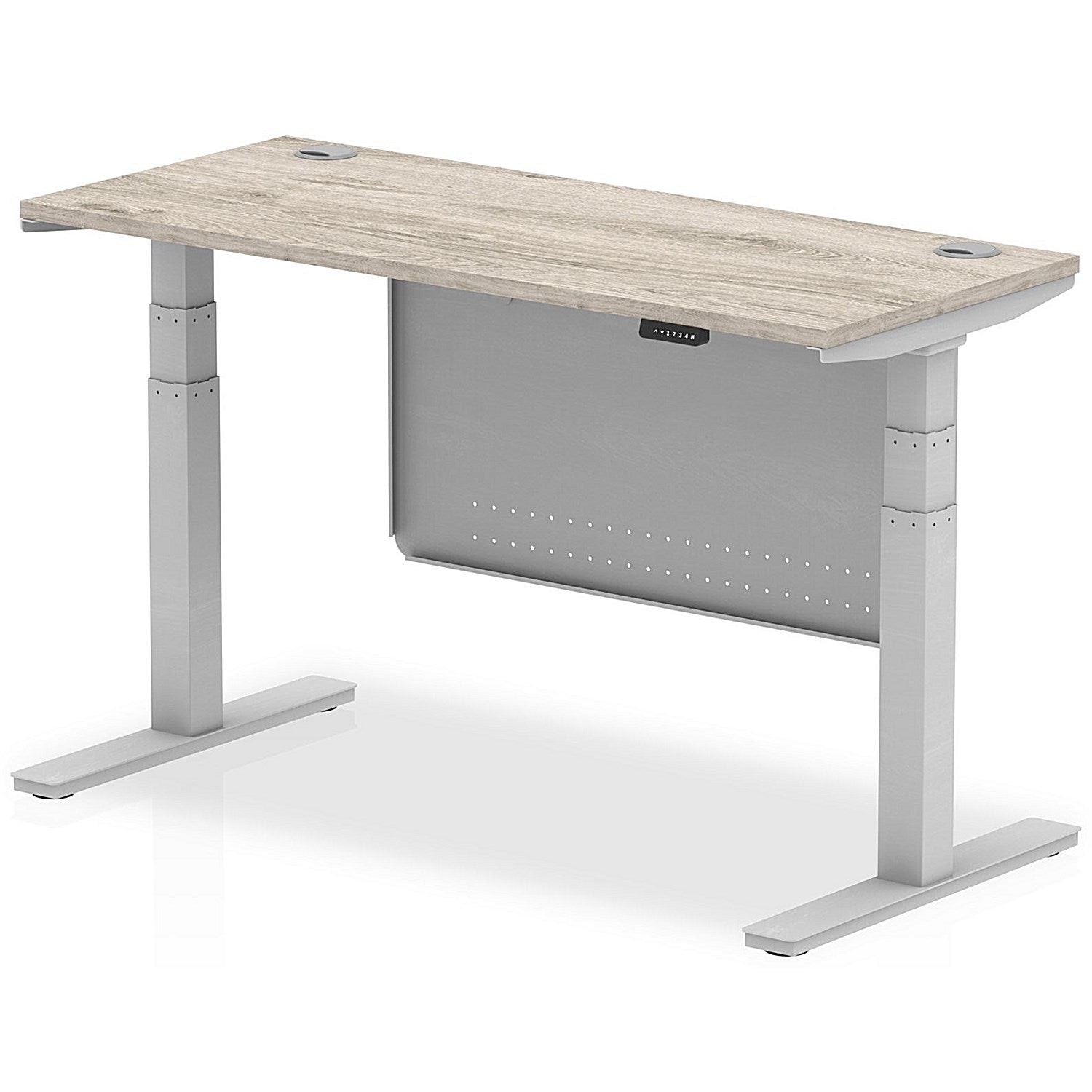 Air Modesty 1400mm Slim Rectangular Height Adjustable Desk, Silver Leg & Modesty Panel, Grey Oak Easy2Order : HA01418