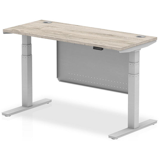 Air Modesty 1400mm Slim Rectangular Height Adjustable Desk, Silver Leg & Modesty Panel, Grey Oak Easy2Order : HA01418