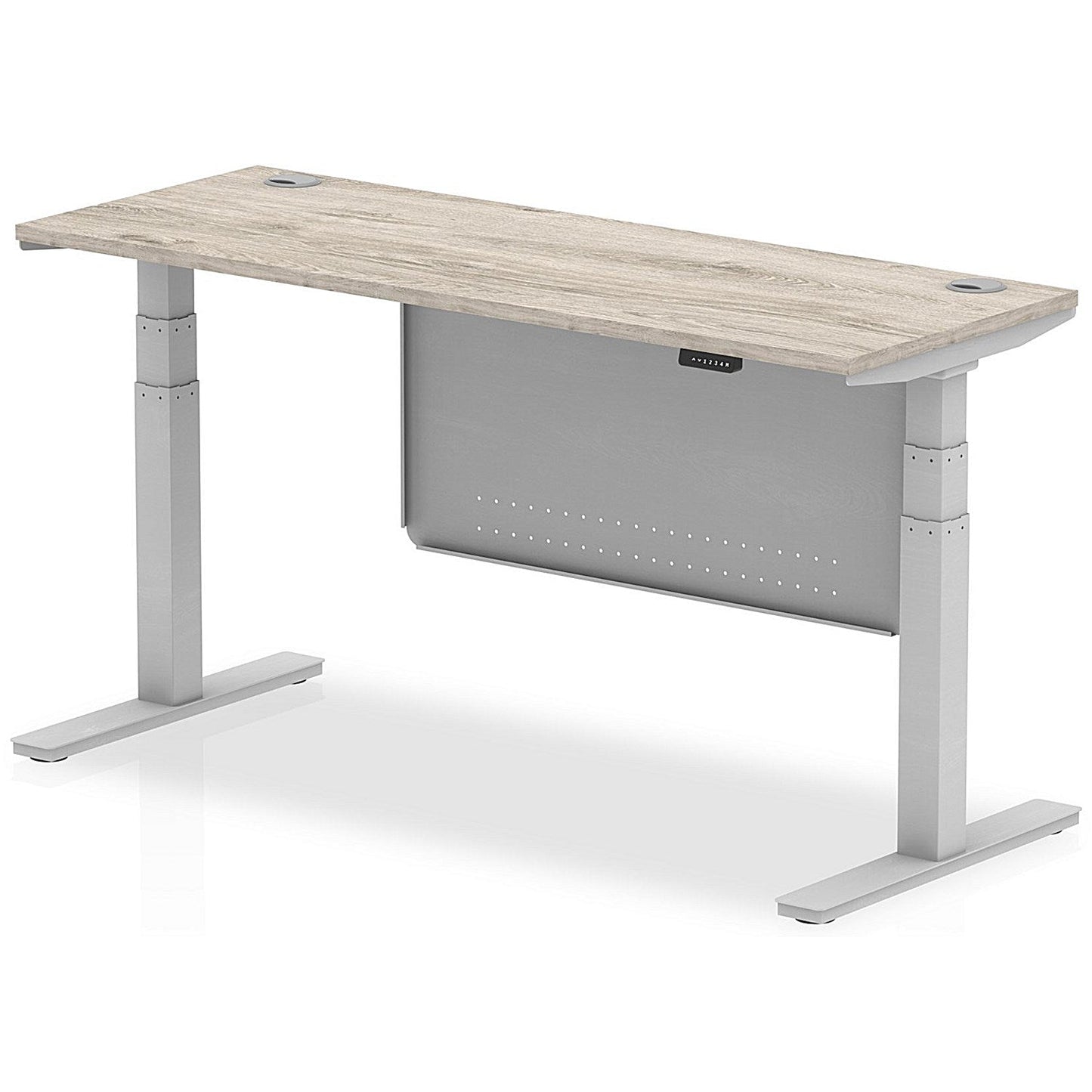 Air Modesty 1600mm Slim Rectangular Height Adjustable Desk, Silver Leg & Modesty Panel, Grey Oak Easy2Order : HA01419