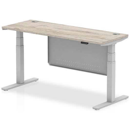 Air Modesty 1600mm Slim Rectangular Height Adjustable Desk, Silver Leg & Modesty Panel, Grey Oak Easy2Order : HA01419
