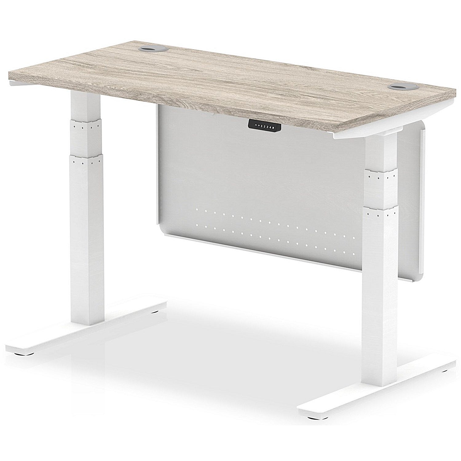 Air Modesty 1200mm Slim Rectangular Height Adjustable Desk, White Leg & Modesty Panel, Grey Oak Easy2Order : HA01421