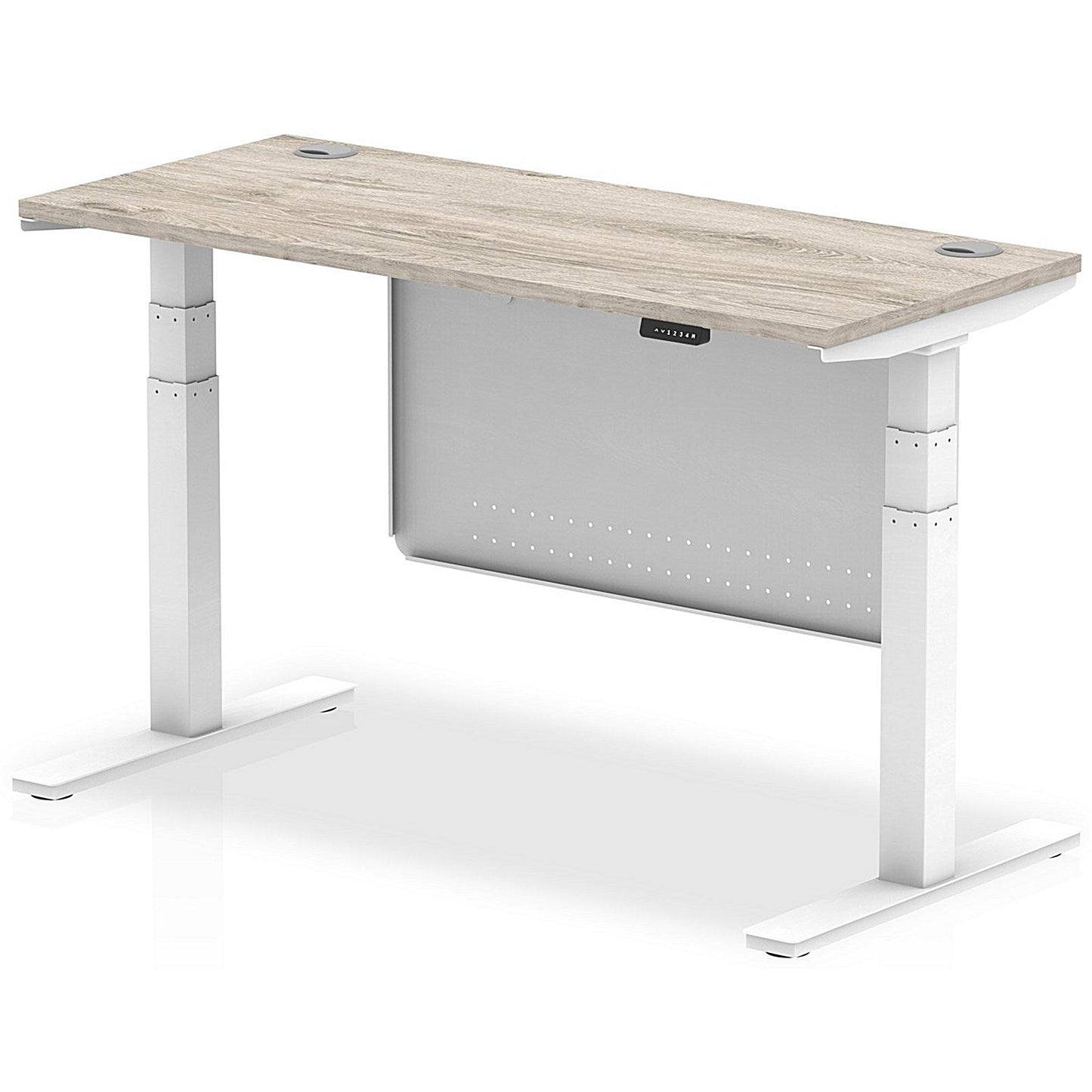 Air Modesty 1400mm Slim Rectangular Height Adjustable Desk, White Leg & Modesty Panel, Grey Oak Easy2Order : HA01422