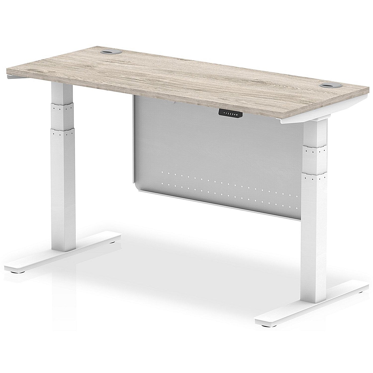 Air Modesty 1400mm Slim Rectangular Height Adjustable Desk, White Leg & Modesty Panel, Grey Oak Easy2Order : HA01422