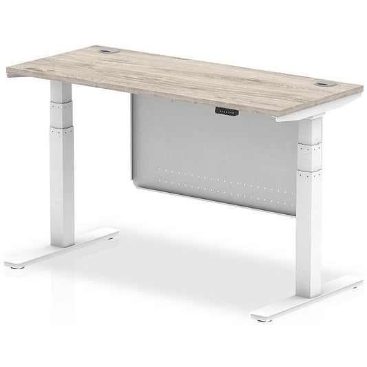 Air Modesty 1400mm Slim Rectangular Height Adjustable Desk, White Leg & Modesty Panel, Grey Oak Easy2Order : HA01422