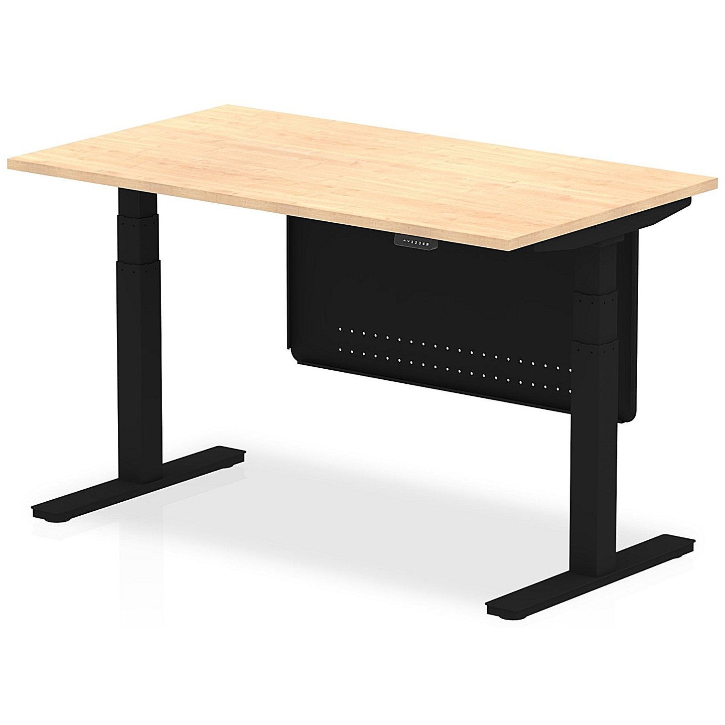 Air Modesty 1400mm Rectangular Height Adjustable Desk, Black Leg & Modesty Panel, Maple Easy2Order : HA01438