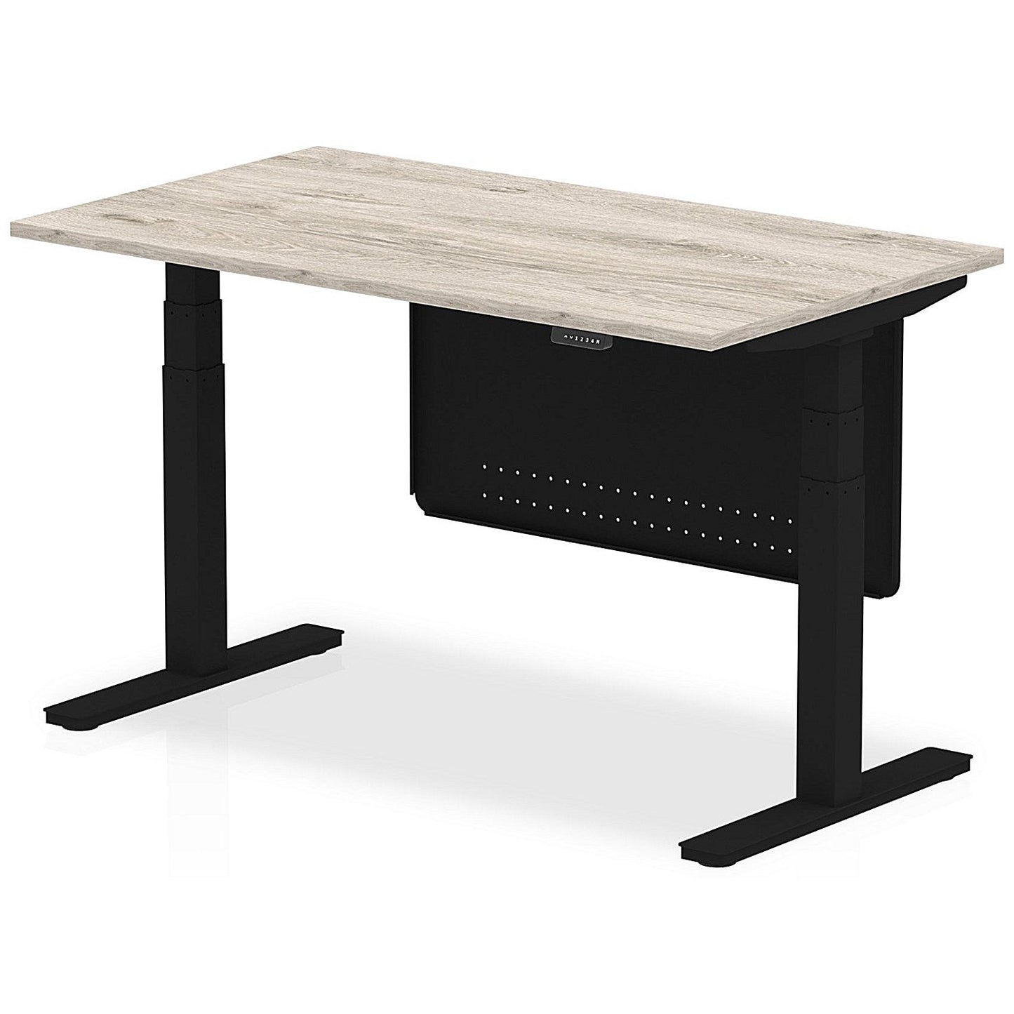 Air Modesty 1400mm Rectangular Height Adjustable Desk, Black Leg & Modesty Panel, Grey Oak Easy2Order : HA01486