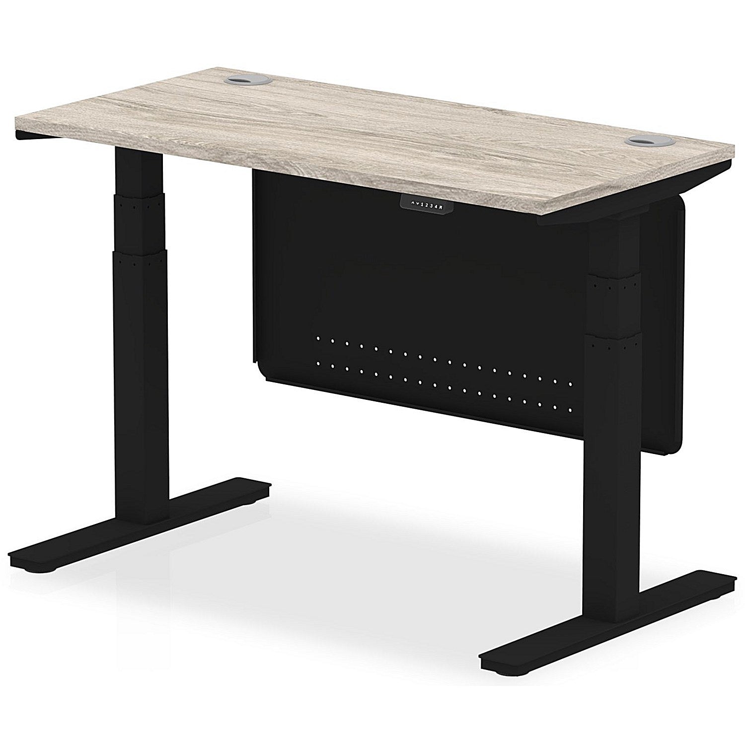 Air Modesty 1200mm Slim Rectangular Height Adjustable Desk, Black Leg & Modesty Panel, Grey Oak Easy2Order : HA01493