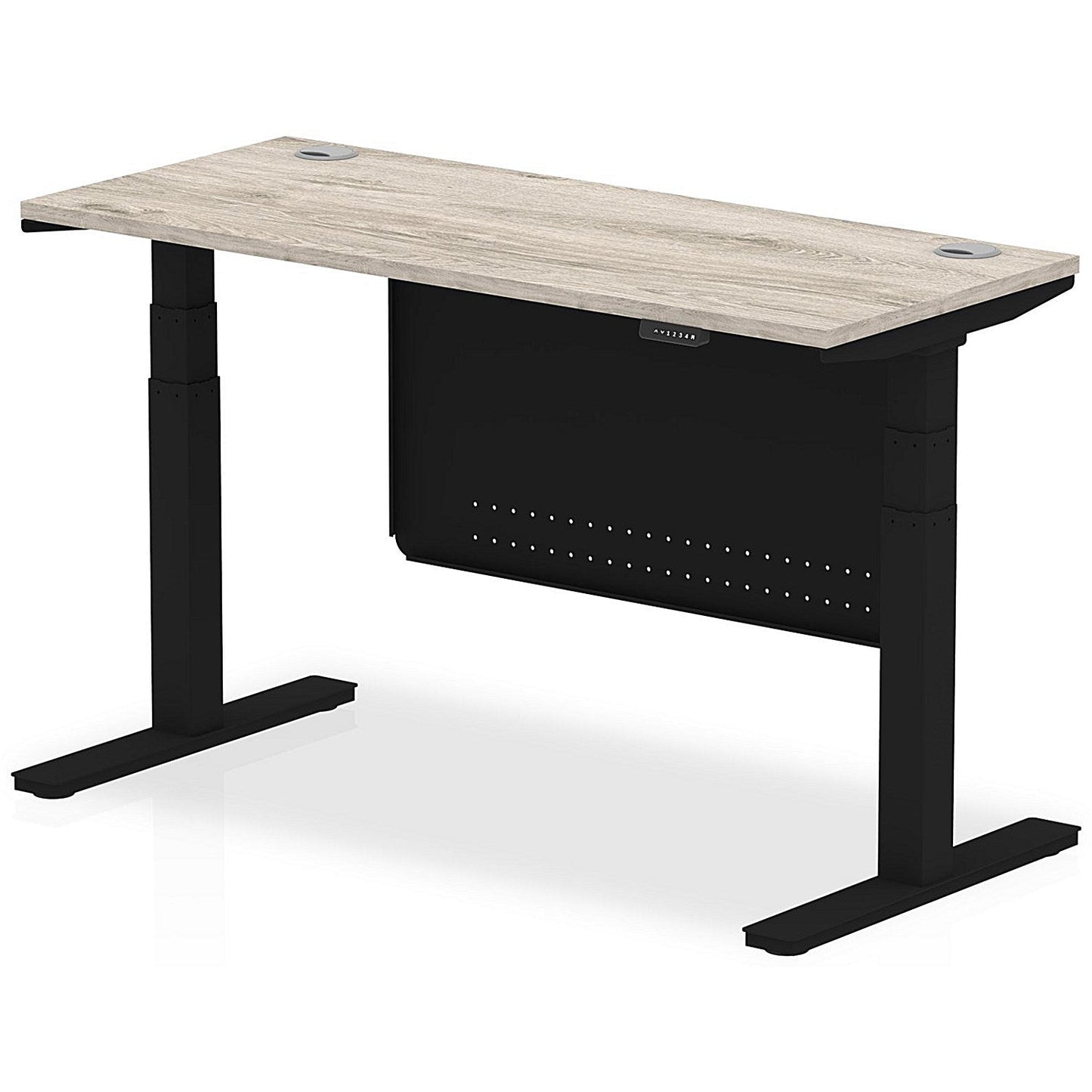 Air Modesty 1400mm Slim Rectangular Height Adjustable Desk, Black Leg & Modesty Panel, Grey Oak Easy2Order : HA01494