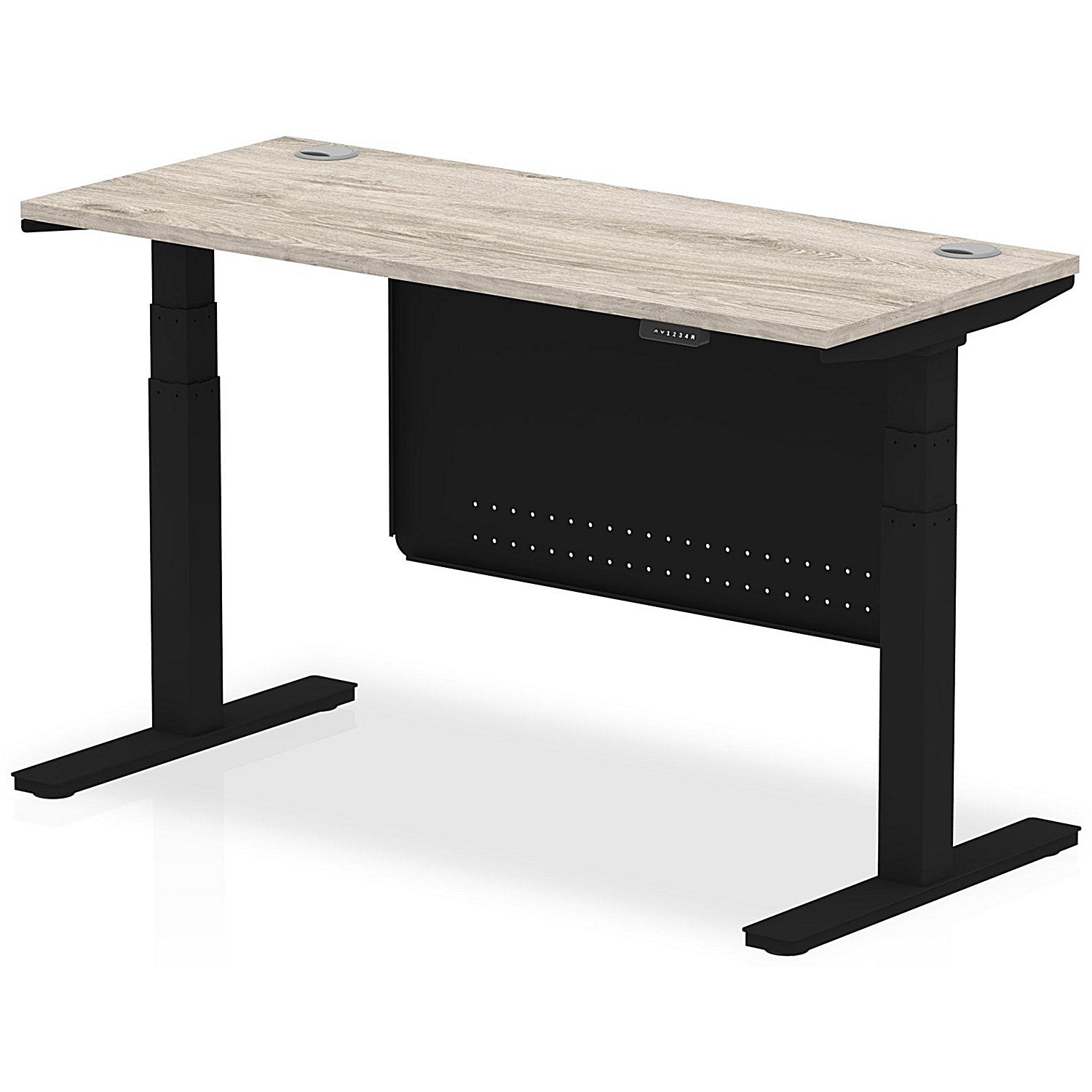Air Modesty 1400mm Slim Rectangular Height Adjustable Desk, Black Leg & Modesty Panel, Grey Oak Easy2Order : HA01494
