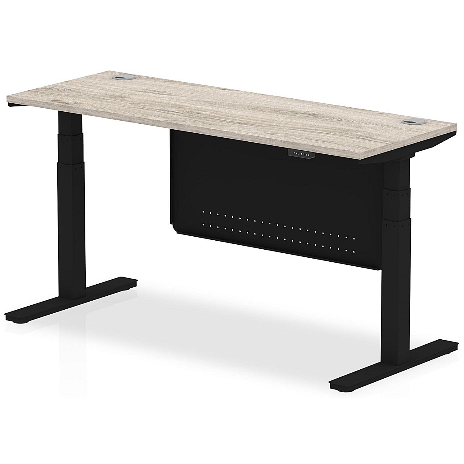 Air Modesty 1600mm Slim Rectangular Height Adjustable Desk, Black Leg & Modesty Panel, Grey Oak Easy2Order : HA01495