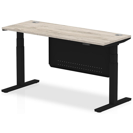 Air Modesty 1600mm Slim Rectangular Height Adjustable Desk, Black Leg & Modesty Panel, Grey Oak Easy2Order : HA01495