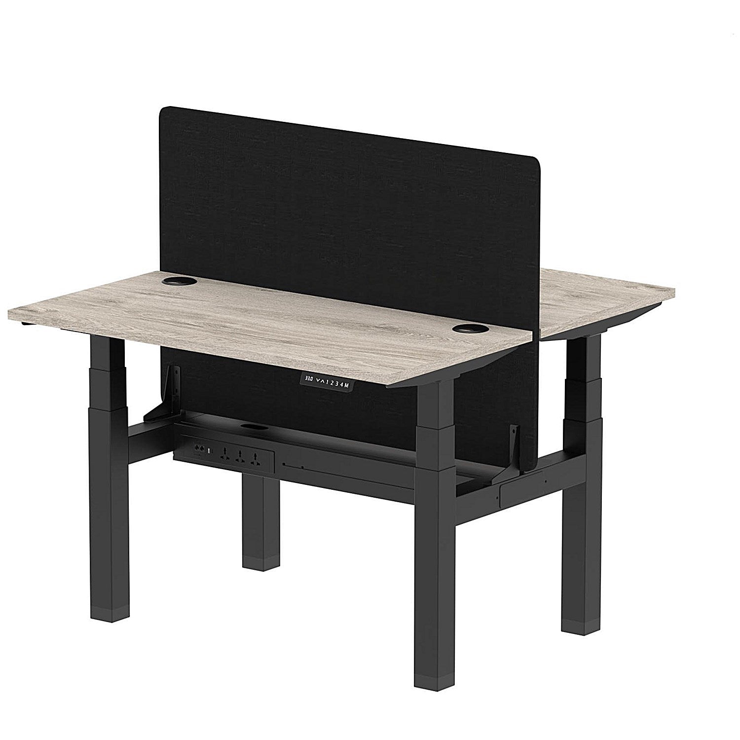 Air 2 Person Sit-Standing Bench Desk with Black Straight Screen, Back to Back, 2 x 1200mm (600mm Deep), Black Frame, Grey Oak Easy2Order : HA01537