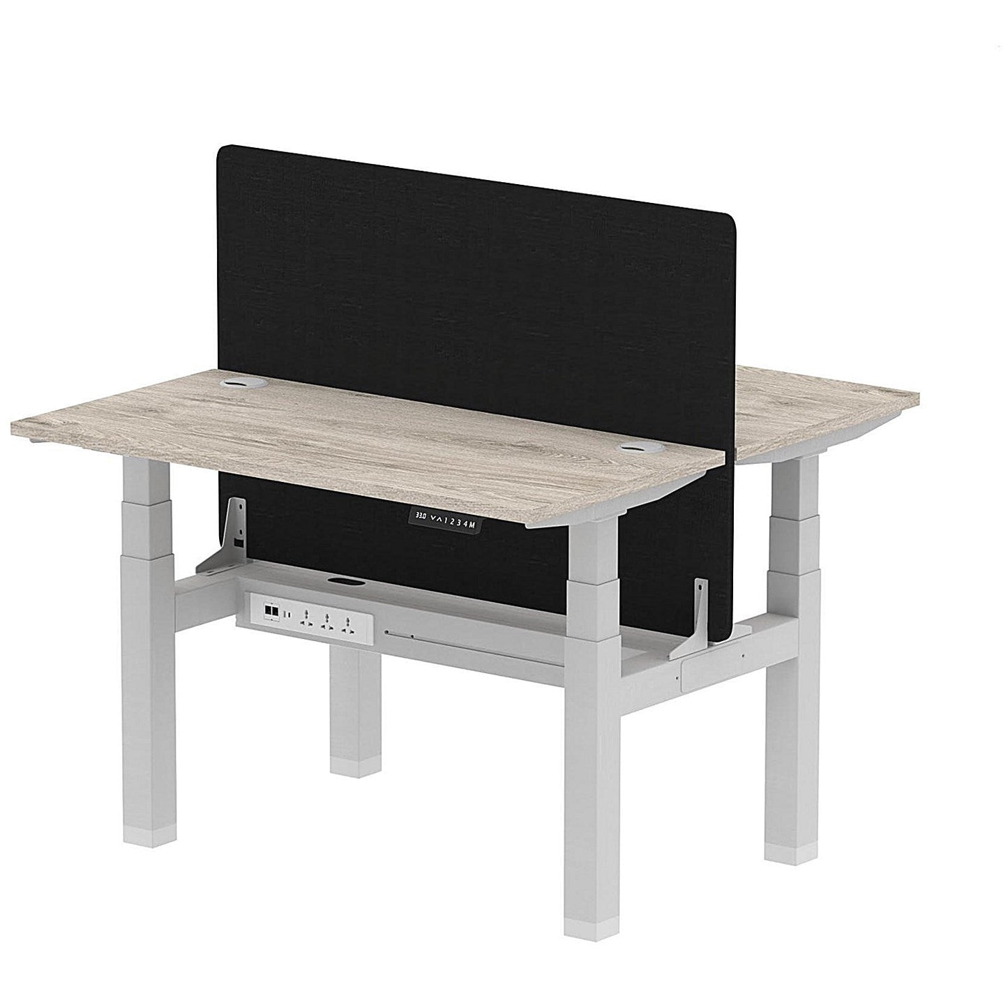 Air 2 Person Sit-Standing Bench Desk with Black Straight Screen, Back to Back, 2 x 1200mm (600mm Deep), Silver Frame, Grey Oak Easy2Order : HA01539